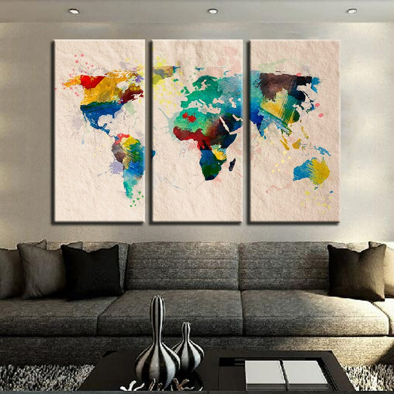 Schöne abstrakte Regenbogenfarbene Weltkarte - Leinwand Wandkunst Gemälde 3 Teile