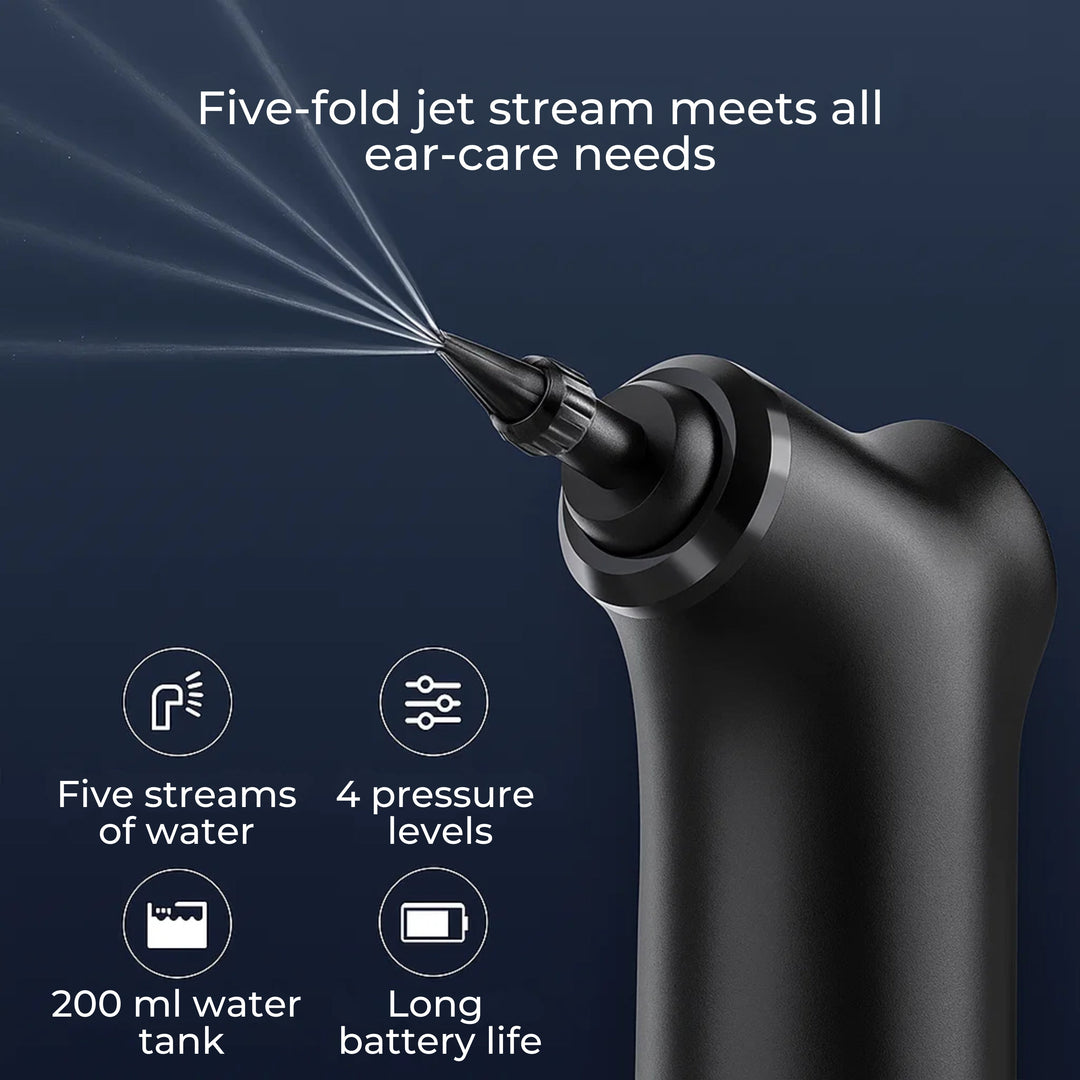 AquaCleanse | Elektrischer Ohrenwachsentferner – Einstellbarer Wasserstrahl – Silikontipp – Warme Spülung für Familien Karnz