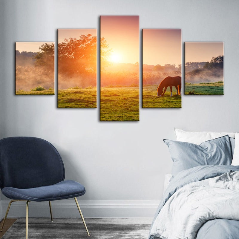 5-teiliges Sonnenaufgang-Weide-Pferd - Leinwand Wandkunst Gemälde