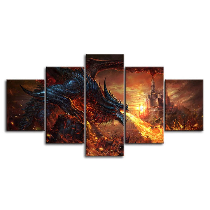 Dragon und Schloss - 5 Teile Leinwand Wandkunst Malerei