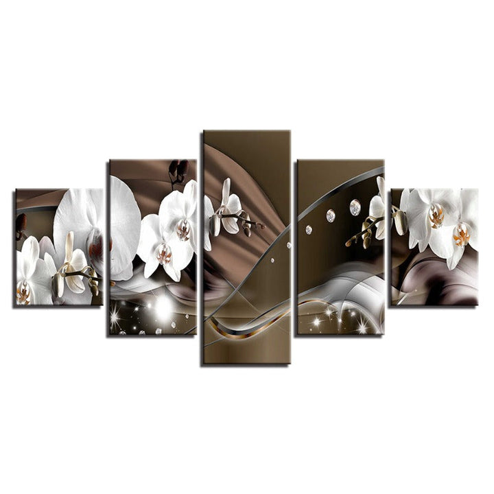 5-teiliges Leinwandbild mit braun-metallischem Hintergrund und weißen Blumen