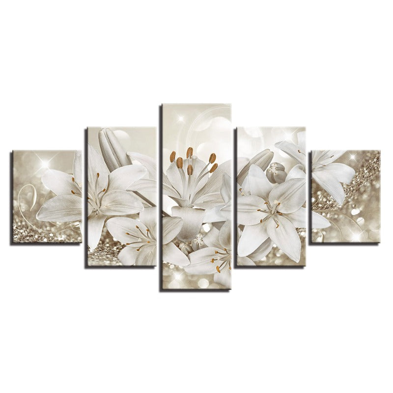 5-teiliges Golden & Weiß Hintergrund Blumen - Leinwand Wandkunst Gemälde