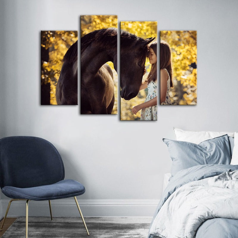 4-teilige Freundschaft zwischen einem Mädchen und einem Pferd - Leinwand Wandkunst Gemälde