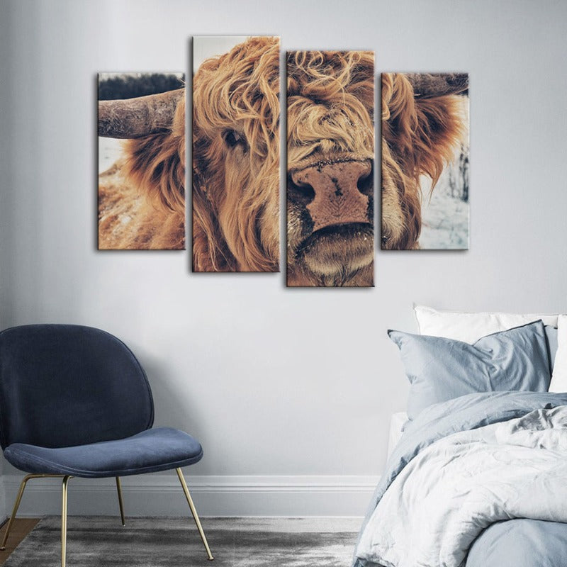 4-teilige Nahaufnahme Braun Kuh - Leinwand Wandkunst Gemälde | Karnz