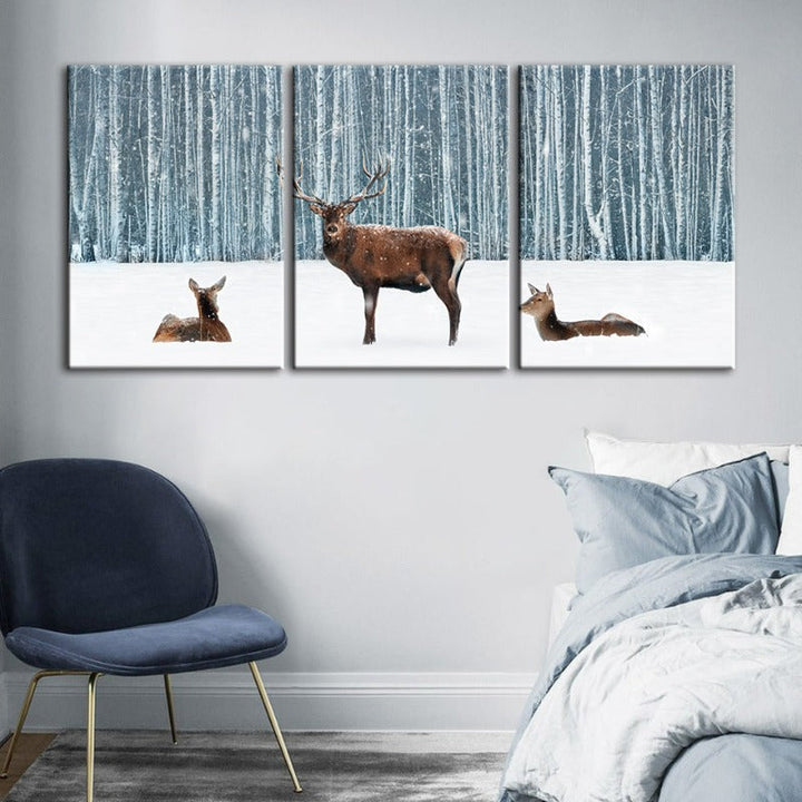 Zwei Rehe und ein Hirsch im Winter - Leinwandbild, 3-teilig