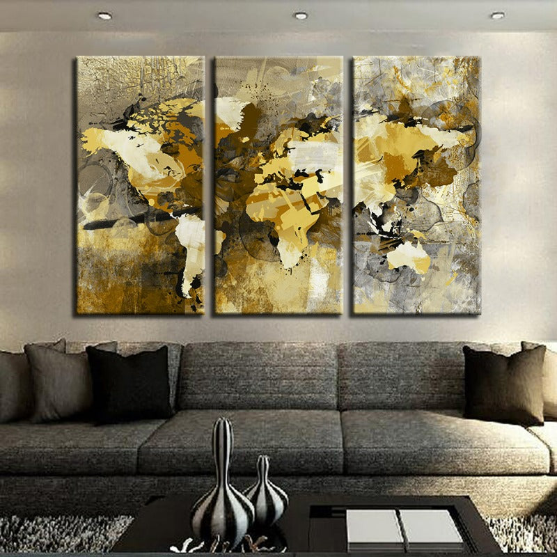 Schönes abstraktes gelb-braunes Weltkarte-Canvas-Wandkunst Gemälde 3 Stücke