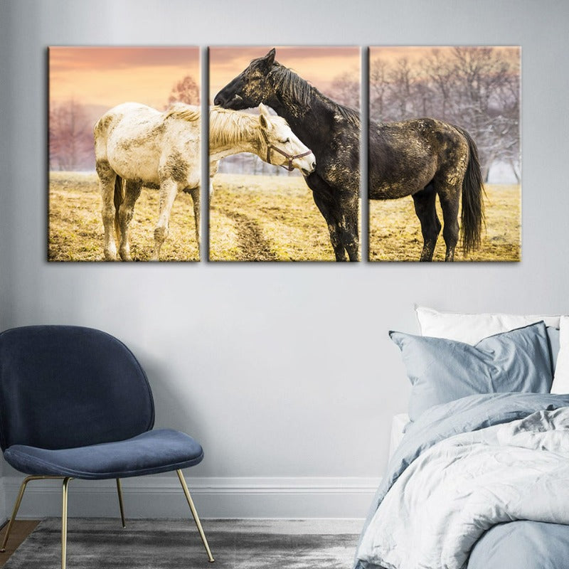 Schwarz & Weiße Pferde-Canvas Wandkunst Gemälde 3 Stücke