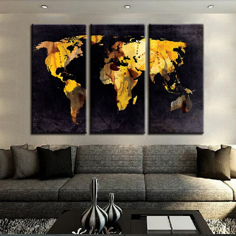 Schöne gelbe Blätter-Weltkarte-Leinwand Wandkunst Malerei 3 Teile