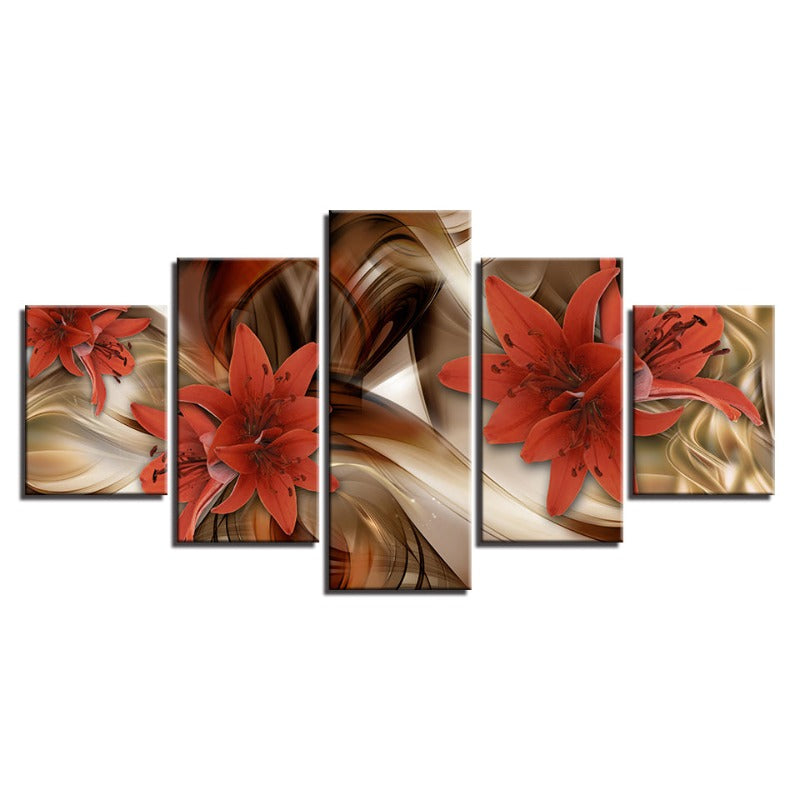 5-teilige goldene Hintergrund rote Blume - Leinwand Wandkunst Malerei