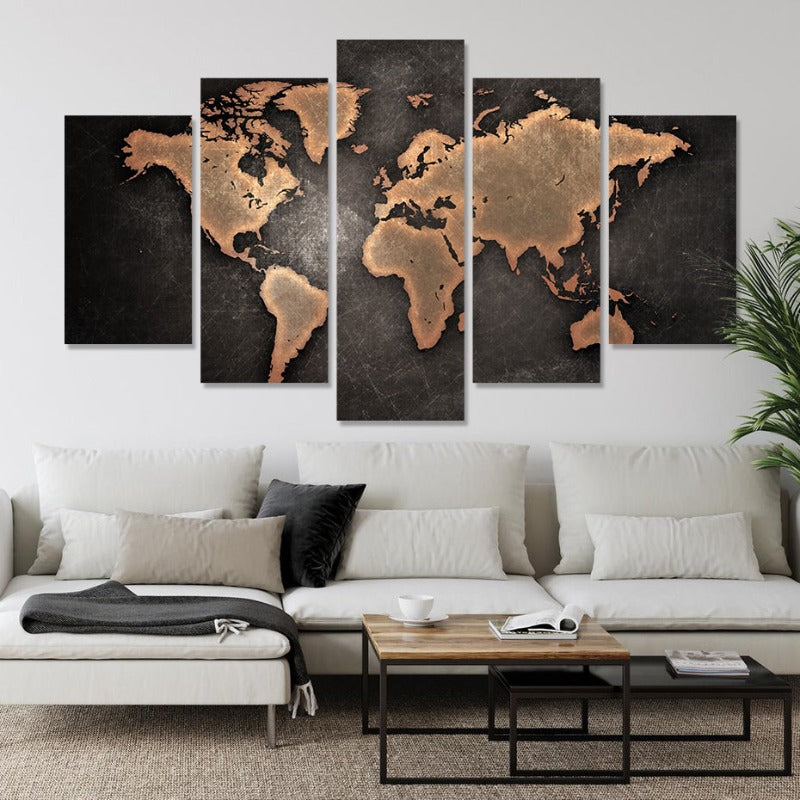5-teilige braune Weltkarte - Leinwand Wandkunst Gemälde
