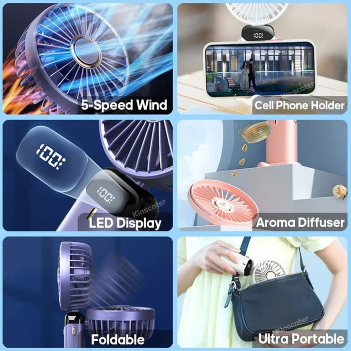 Wiederaufladbarer Handheld Mini Ventilator | 5-Geschwindigkeits, 90-Grad verstellbar & leise für Büro, Zuhause & Außenbereich | Karnz