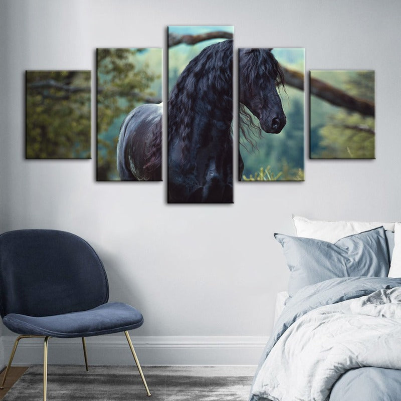 5 Stück Schwarzes Pferd im Wald - Leinwand Wandkunst Gemälde