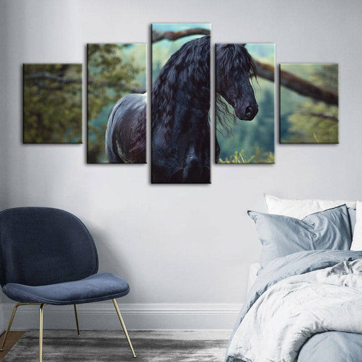 5 Stück Schwarzes Pferd im Wald - Leinwand Wandkunst Gemälde