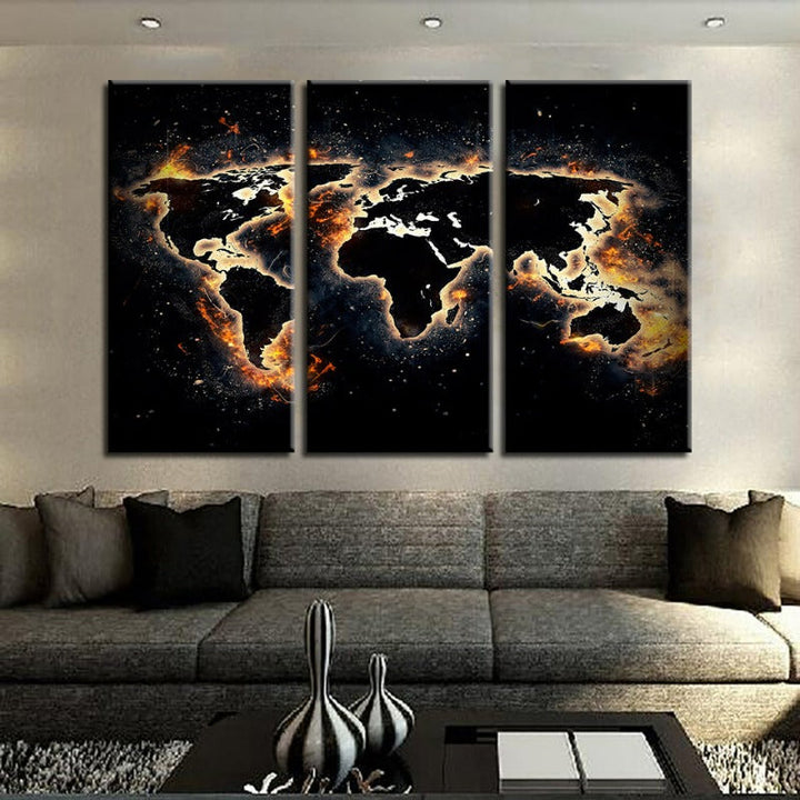 Feuer und schwarze Weltkarte - Leinwand Wandkunst Gemälde 3 Teile