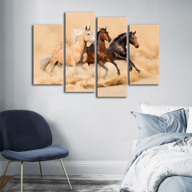 4 Stück Drei laufende Pferde in der Wüste - Leinwand Wandkunst Gemälde