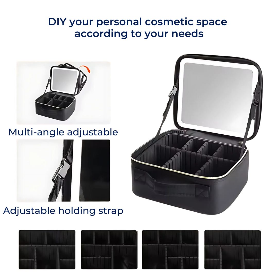 GlamOrganize | Make-up- und Toilettentasche - Kosmetik-Organizer - LED-Spiegel - Kompakte Aufbewahrung für Make-up und Hautpflege - Praktische Reiseschale