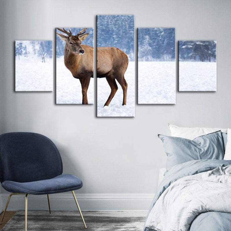 5-teilige verschneite Landschaft Reh - Leinwand Wandkunst Malerei