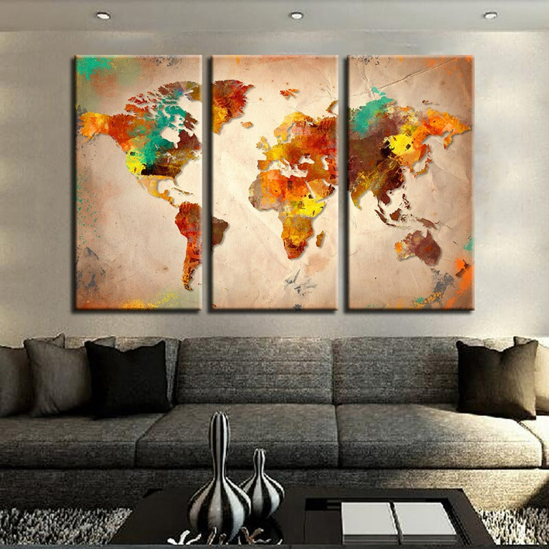 Schöne abstrakte mehrfarbige Weltkarte - Leinwand Wandkunst Malerei 3 Stücke