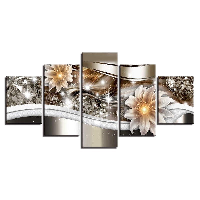 5-teiliges Golden Glow Hue Weiße Blume - Leinwand Wandkunst Gemälde