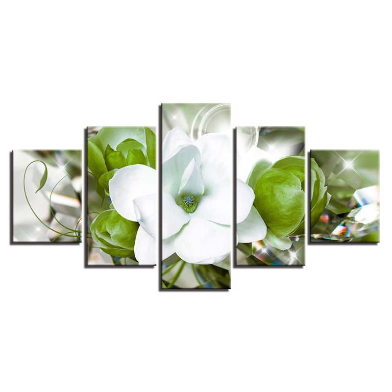 5-teiliges Grün Hintergrund Weiß Blumen - Leinwand Wandkunst Gemälde