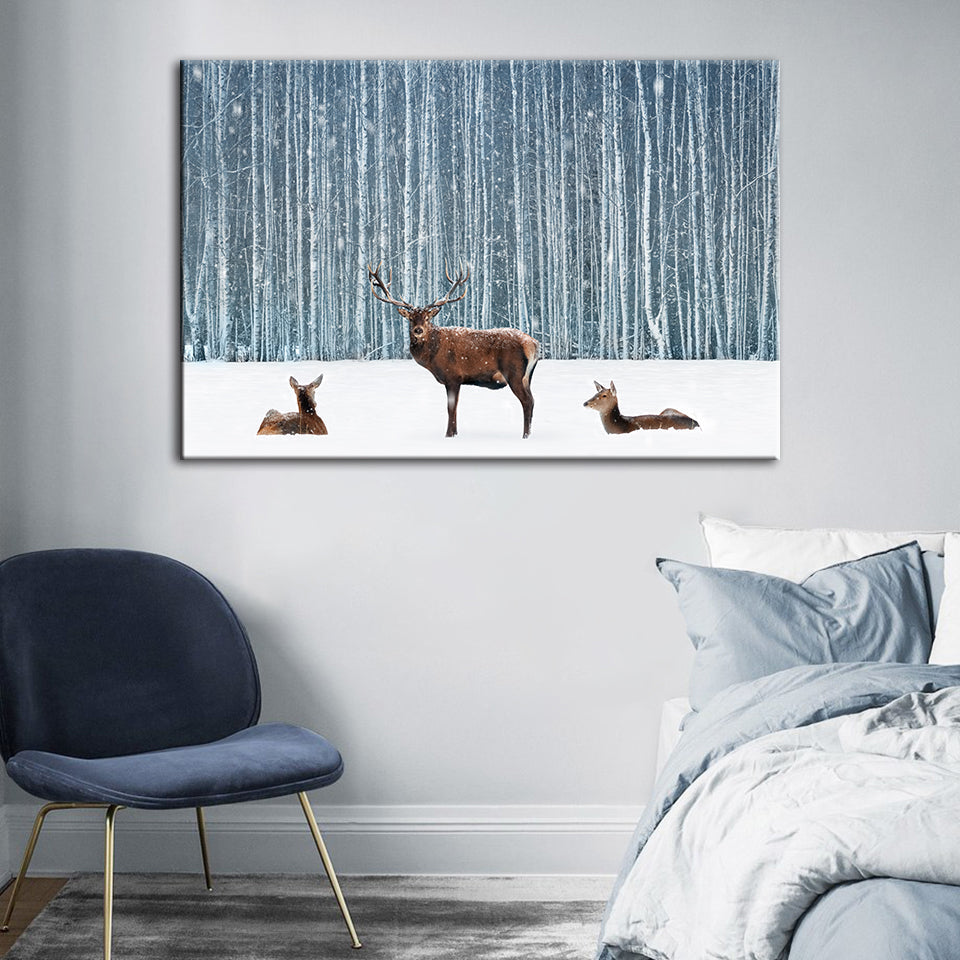 Zwei Rehe und ein Hirsch im Winter - Leinwandbild