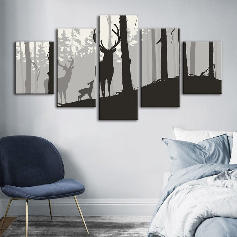 5-teiliges Silhouette Reh Familie - Leinwand Wandkunst Malerei