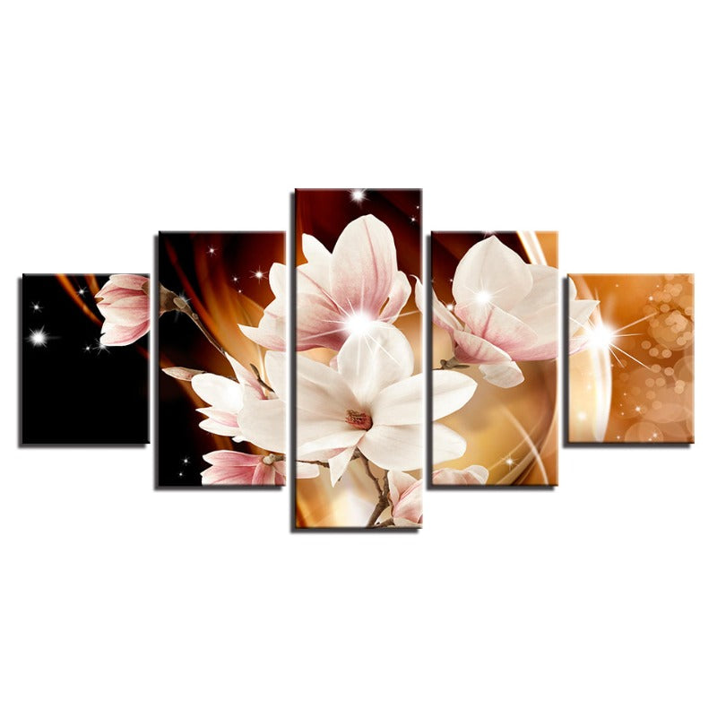 5 Stück Orange Hintergrund Weiße Blume - Leinwand Wandkunst Gemälde