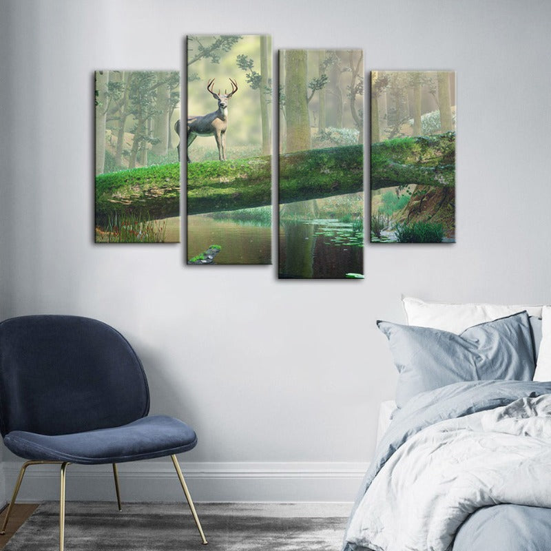 4-teiliges Verzaubertes Wald Reh - Leinwand Wandkunst Gemälde