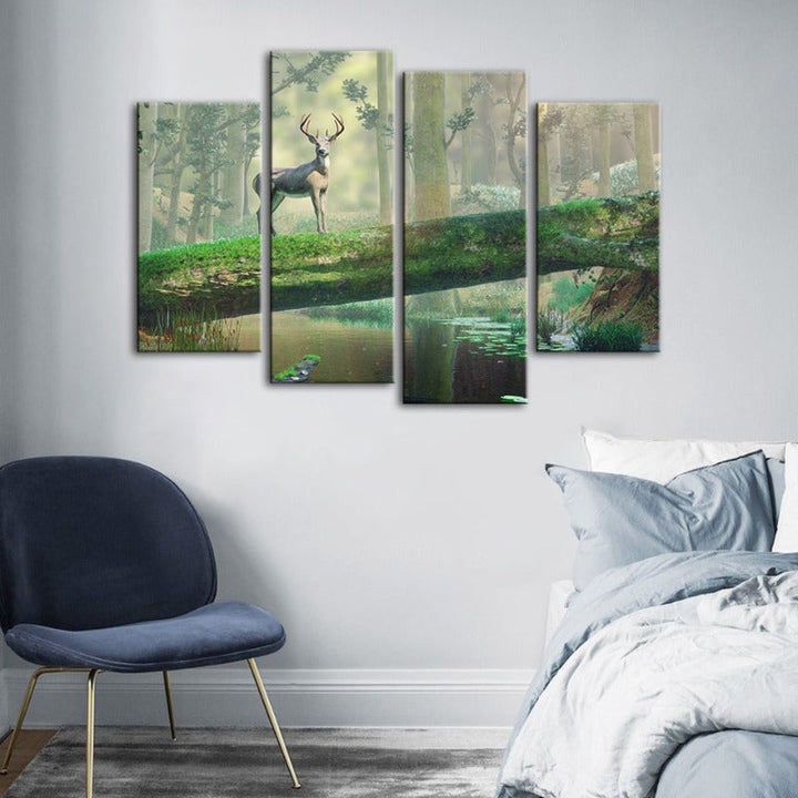 4-teiliges Verzaubertes Wald Reh - Leinwand Wandkunst Gemälde