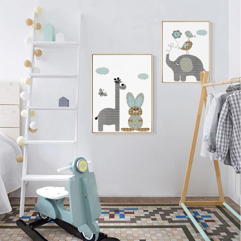 Cartoon Giraffe Rabbit Elephant Animals - Canvas Wandkunst Malerei
