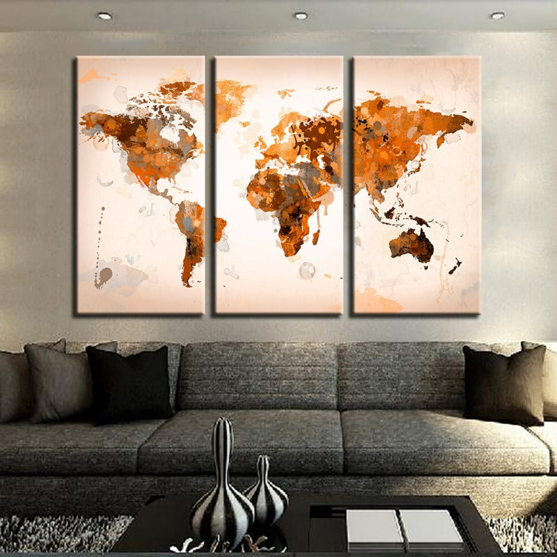 Schöne abstrakte braune Weltkarte-Canvas-Wandkunstbild 3 Teile