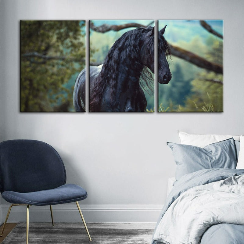 Schwarzes Pferd im Wald - Leinwand Wandkunst Gemälde 3 Teile