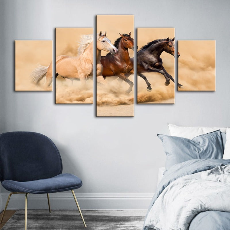 5 Stück Drei laufende Pferde in der Wüste - Leinwand Wandkunst Gemälde