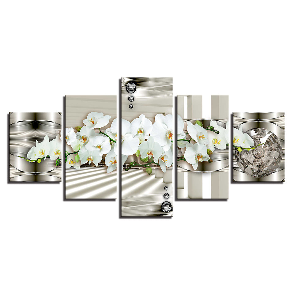 5 Stück Weiß Metallic Hintergrund Blume - Leinwand Wandkunst Gemälde