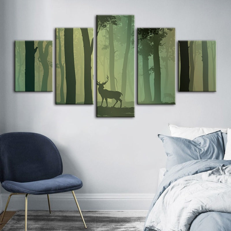 5-teilige verzauberte grüne Silhouetten-Hirsch - Leinwand Wandkunst Malerei