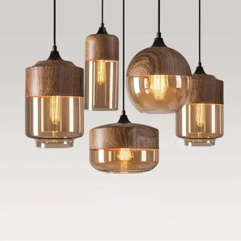 Handgeblasene Pendelleuchte aus Glas und Holz, verstellbar