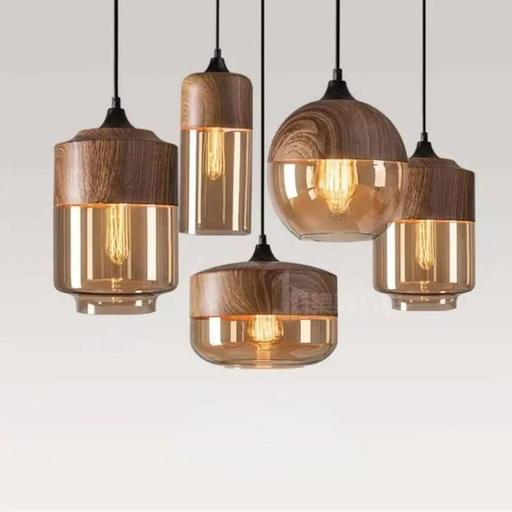 Handgeblasene Pendelleuchte aus Glas und Holz, verstellbar