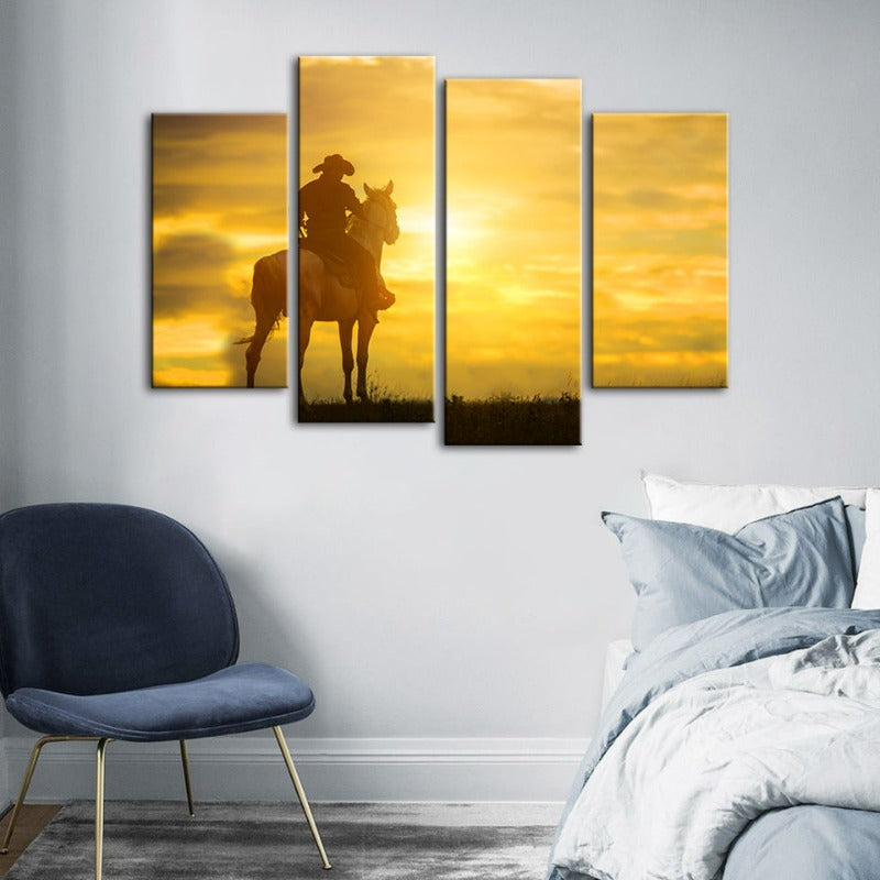 Ein Cowboy und sein Pferd - Leinwand Wandkunst Gemälde 4 Teile