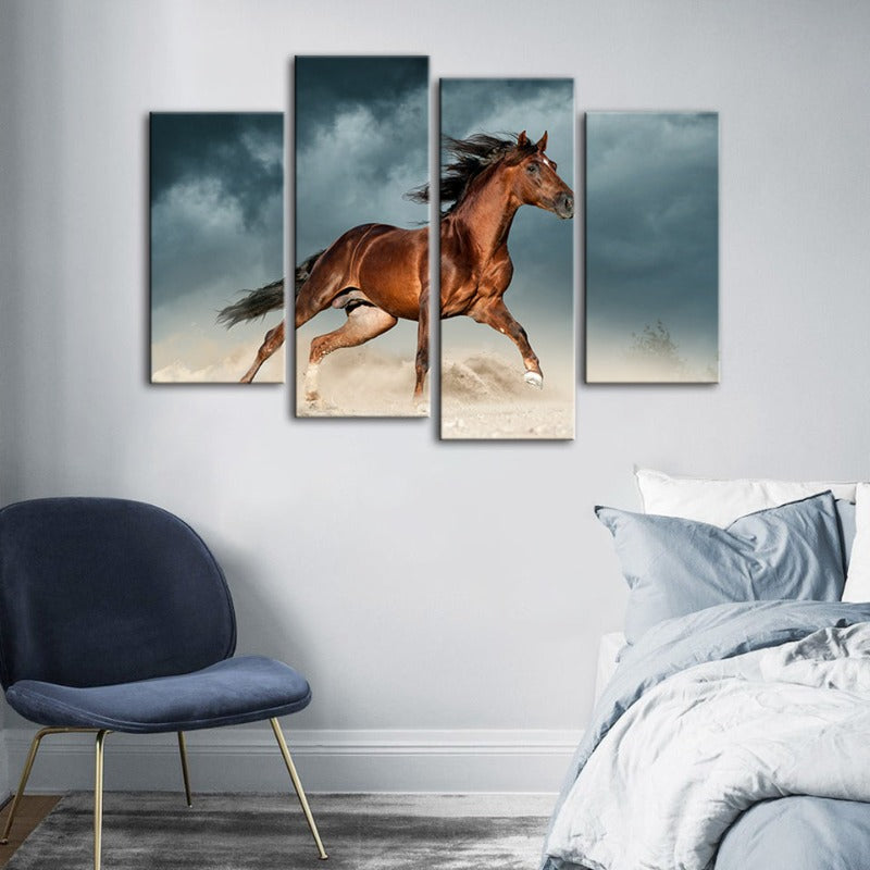 4-teilige braune Pferde in der Wüste - Leinwand Wandkunst Malerei | Karnz