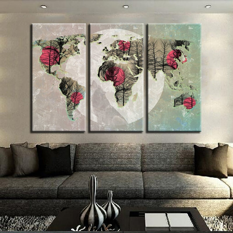 Schöne abstrakte rosa Sonnen-Weltkarte-Canvas-Wandkunstgemälde 3 Teile