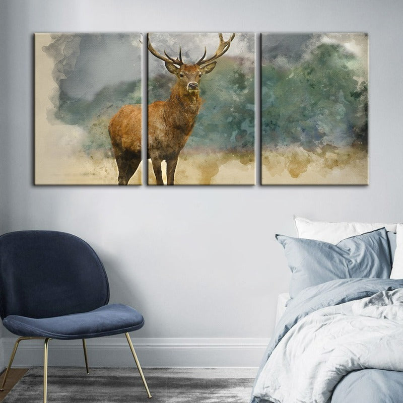 Aquarell-Wandbild „Hirsch der Steppe“ (3-teilig)