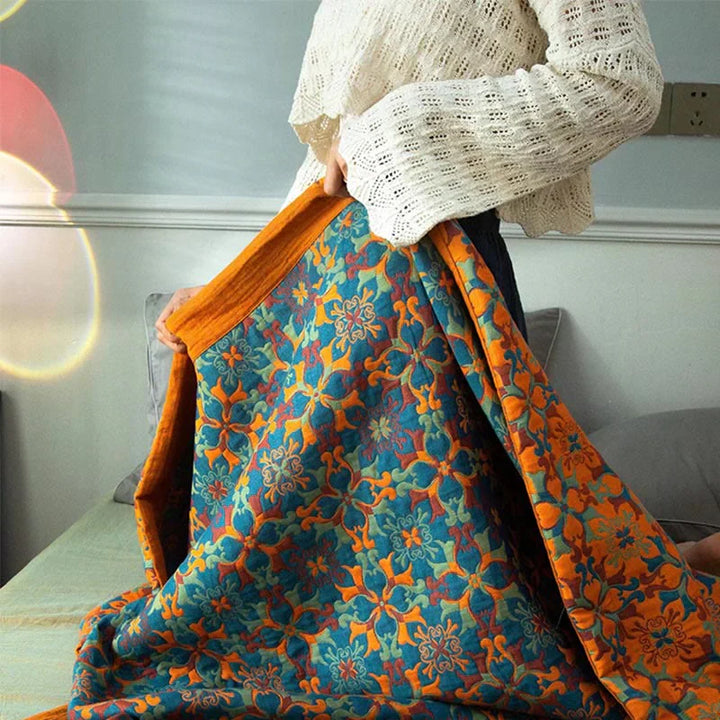 Karnz | Orange & Blau Muster Sechs-Layer Baumwolle Decke - TerraLoom