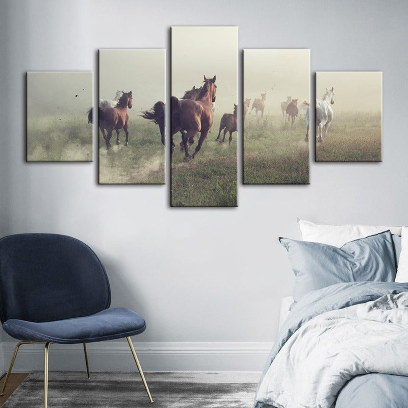 5 Stück Laufender Schwarzer Hengst - Leinwand Wandkunst Malerei