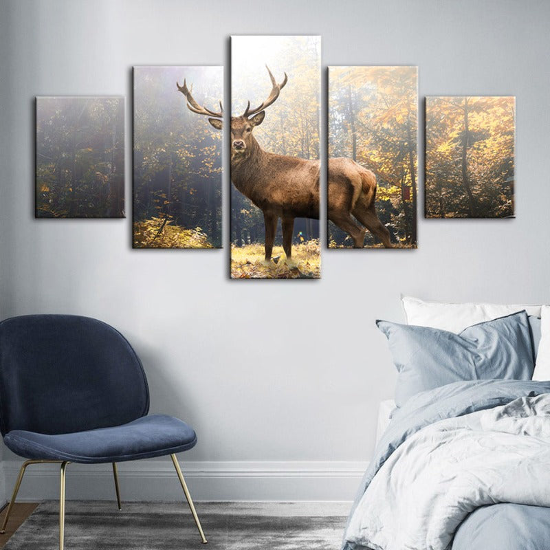 5-teiliges majestätisches Reh im Wald - Leinwand Wandkunst Gemälde