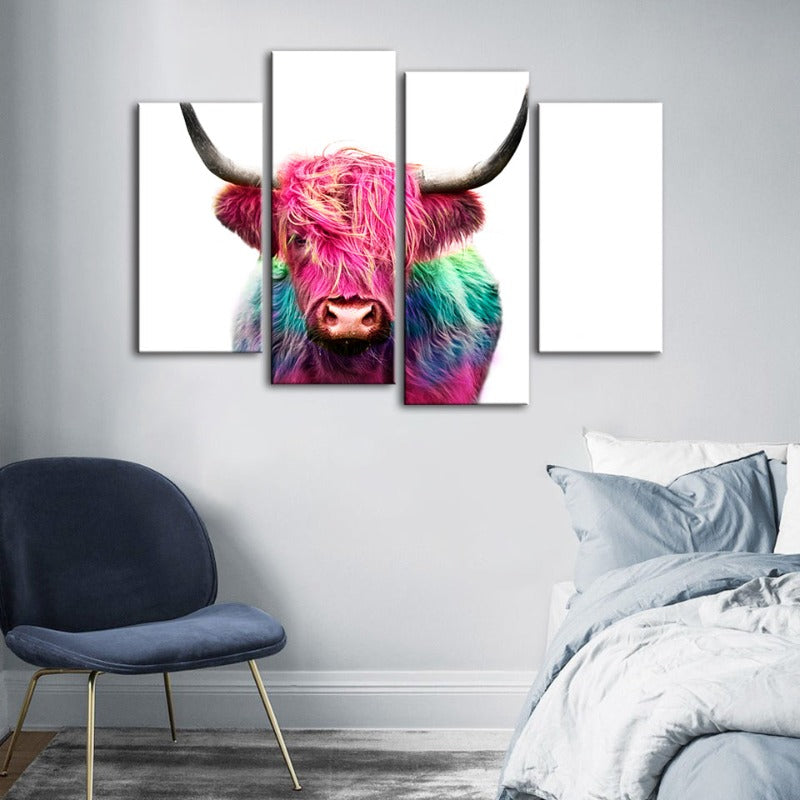 4-teiliges Farbige Pinke Kuh - Leinwand Wandkunst Gemälde
