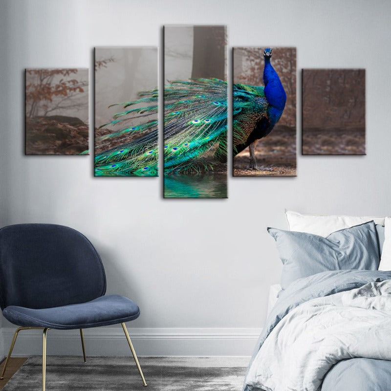 5 Stück Lebhafte Pfau am Teich - Leinwand Wandkunst Gemälde