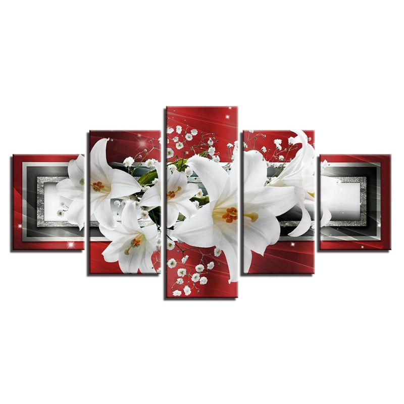 5 Stück Roter Hintergrund Weißer Tulpenblumen - Leinwand Wandkunst Gemälde