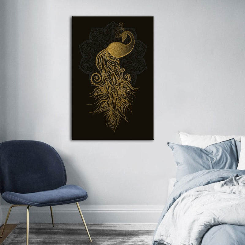 Abstract Golden Mandala Pfau - Canvas Wandkunst Malerei