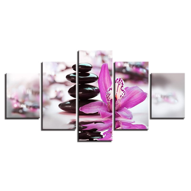 5 Stück schwarze Kiesel mit lila Blume - Leinwand Wandkunst Gemälde
