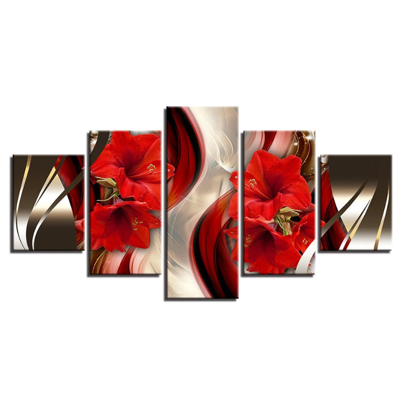 5 Stück Schwarzer Hintergrund Rote Hibiskusblume - Leinwand Wandkunst Gemälde